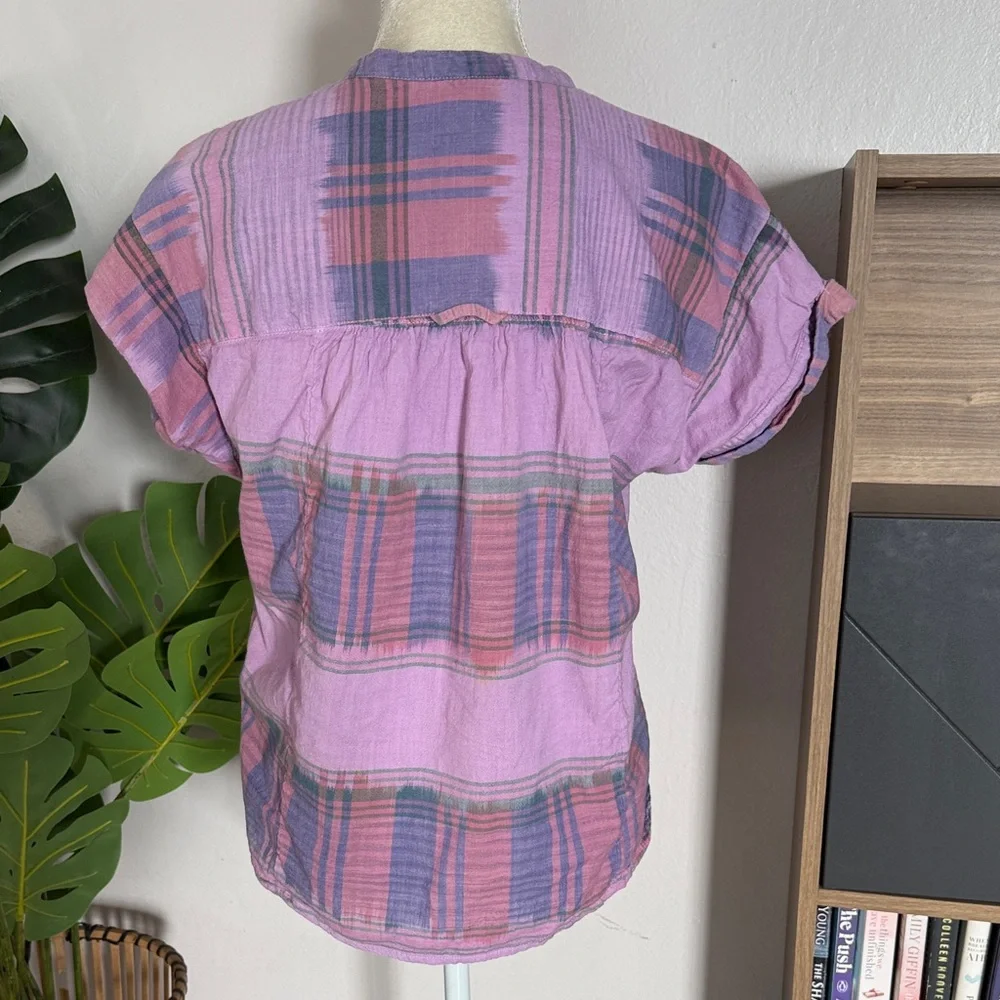 Anthropologie Pilcro Plaid Purple and Pink popover short sleeve Women's Top - Picture 4 of 7